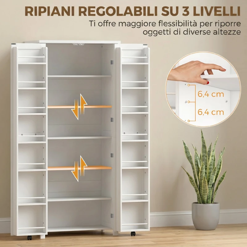 HOMCOM Mobile Cucina Alto con Ruote, 2 Ante, 14 Scomparti, 80x40x180 cm, Bianco