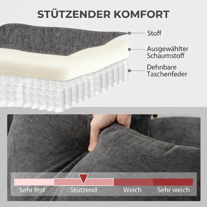 HOMCOM Sofá Chaise Longue Reversível 3 Lugares com 2 Almofadas Estofado em Linho e Estrutura em Aço 242x156x87 cm Cinzento Escuro