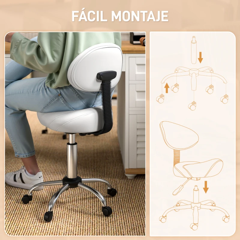 HOMCOM Taburete Giratorio con Respaldo y Ruedas Silla Ajustable para Salones de Belleza Estudio de Tatuajes 50x50x83-98cm Blanco