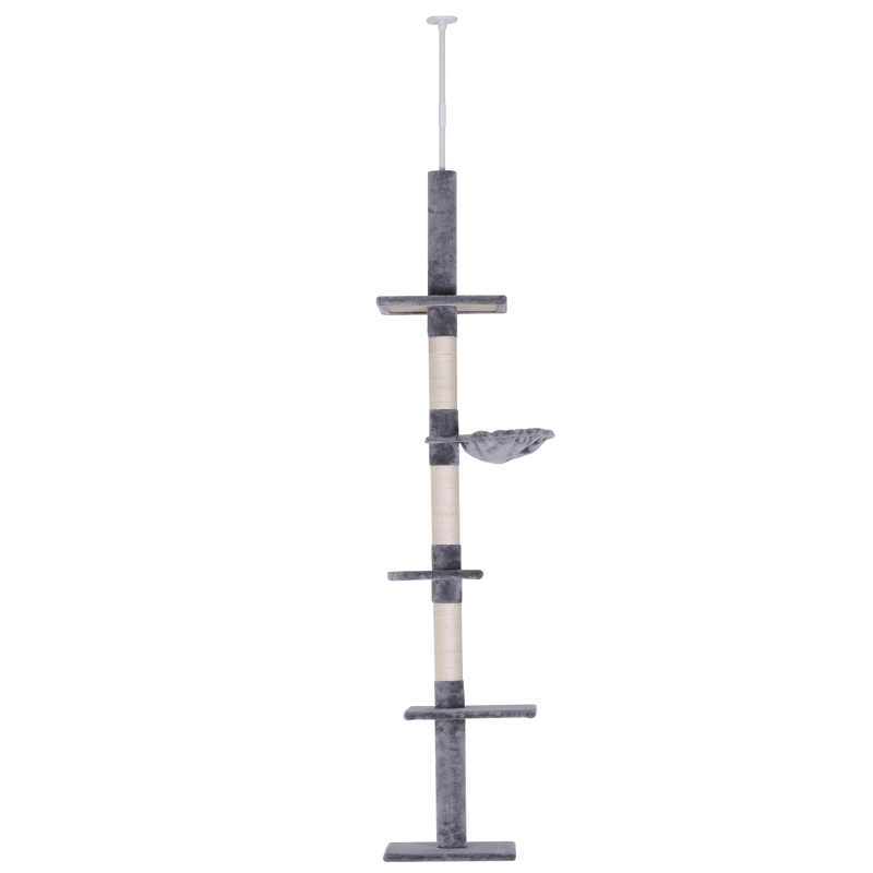 PawHut Árbol para Gatos de Suelo al Techo de 230-260 cm con Altura Ajustable Plataformas Hamaca y Postes de Sisal Gris