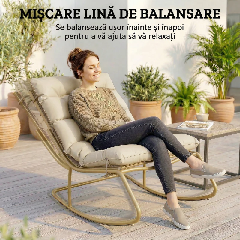 Outsunny Șezlong Balansoar Exterior, Șezut 63 cm, Pernă inclusă, Culoare Bej.