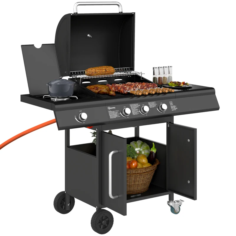 Outsunny Barbecue a Gas con Tavolo Laterale e Bruciatore Laterale, Griglia Scaldavivande e Termometro, in acciaio inossidabile, 118,5x56x 110 cm, Nero