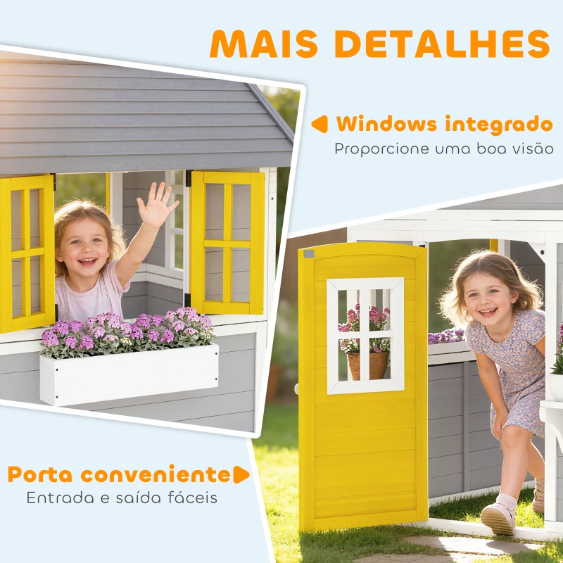 Outsunny Casa de Madeira Infantil Casa de Brincar de Madeira com Porta Janelas Floreiras e Prateleiras 112x126x135 cm Cinzento e Amarelo