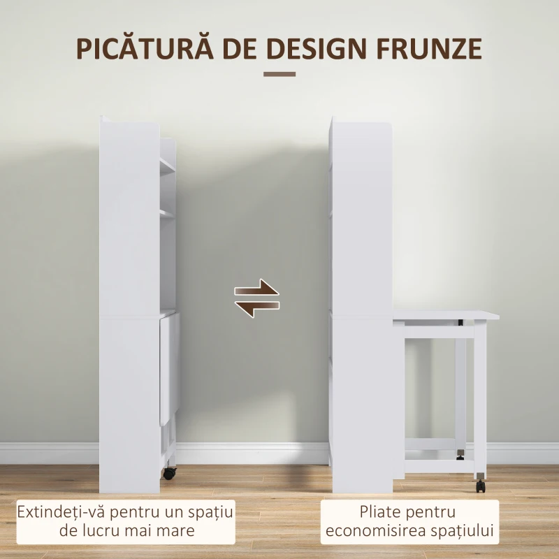 HOMCOM Birou Pliabil cu Bibliotecă cu 4 Rafturi, 2 Roți și Orificiu pentru Cabluri, 80x69x155 cm, Alb