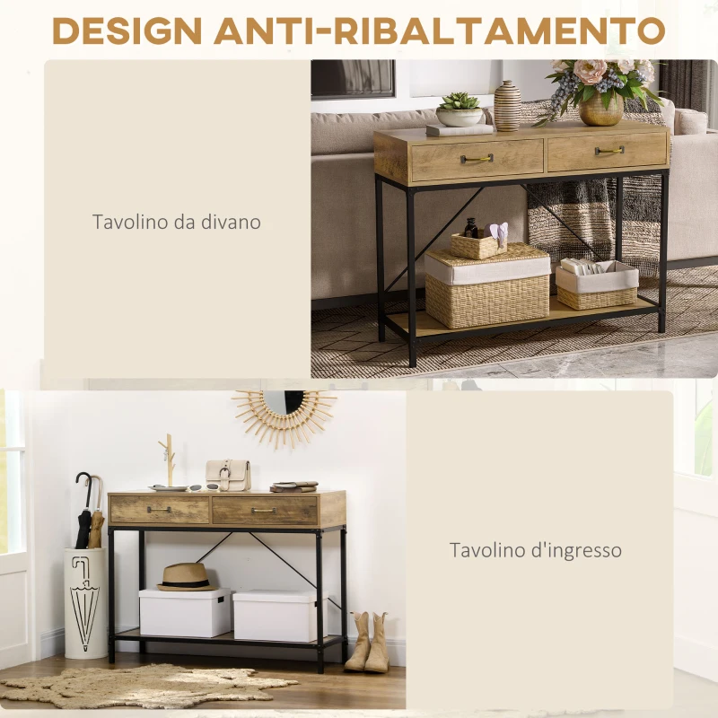 HOMCOM Tavolo Consolle Stile Vintage in Metallo e Legno con 2 Cassetti e Mensola, 100x35x76.5cm, Marrone