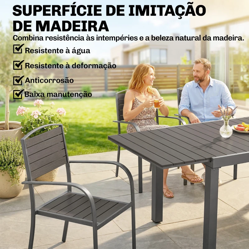 Outsunny Conjunto de Mesa e Cadeiras de Jardim com Mesa Extensível Estrutura de Alumínio 8 Cadeiras e Tampo de Ripas de Madeira Plástica