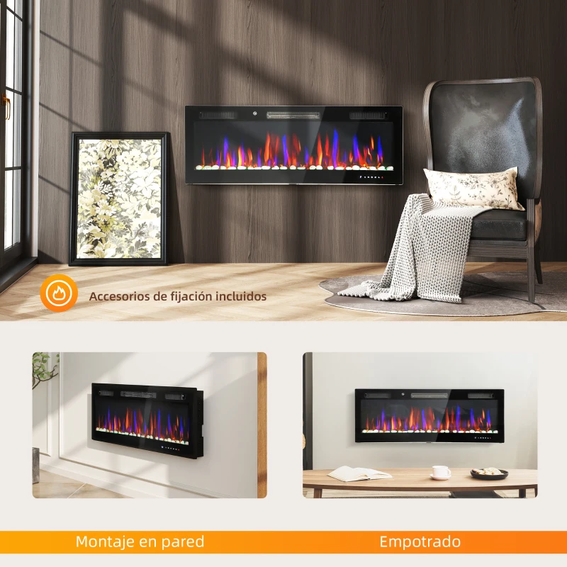 HOMCOM Chimenea Eléctrica Pared Empotrable Ultrafina con Llama 3D Brillo/Velocidad Ajustable y 12 Colores Guijarros 900/1800W
