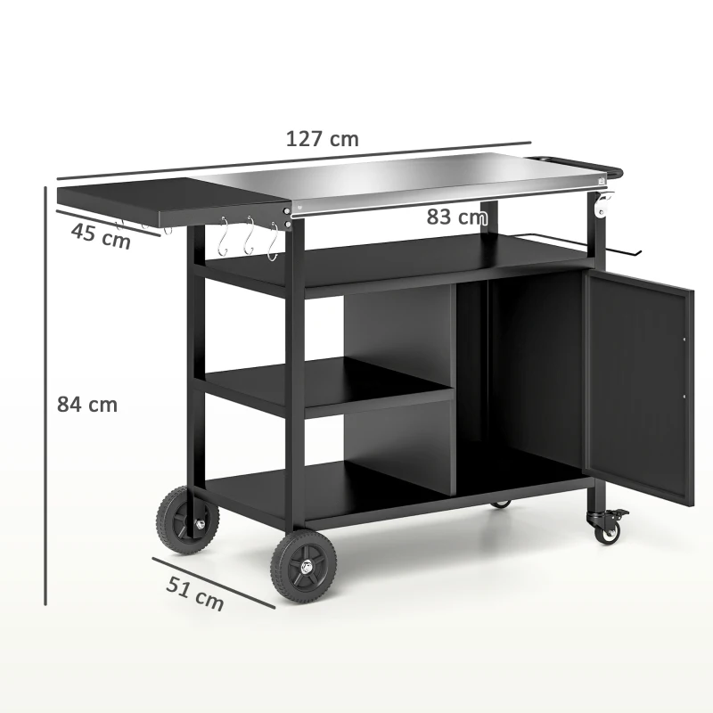 Outsunny Carrello per Barbecue con Piano Pieghevole e Ganci in acciaio inossidabile da Giardino, 127x51x84 cm, Nero
