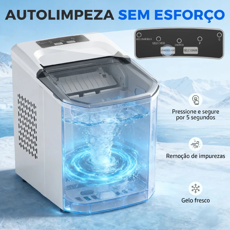 HOMCOM Máquina de Gelo Autolimpável 12 kg/24H 9 Cubos Prontos em 7 Minutos 2 Tamanhos de Gelo Depósito de 1,5L Branco