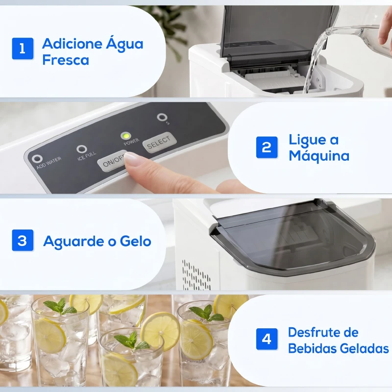 HOMCOM Máquina de Gelo Autolimpável 12 kg/24H 9 Cubos Prontos em 7 Minutos 2 Tamanhos de Gelo Depósito de 1,5L Branco