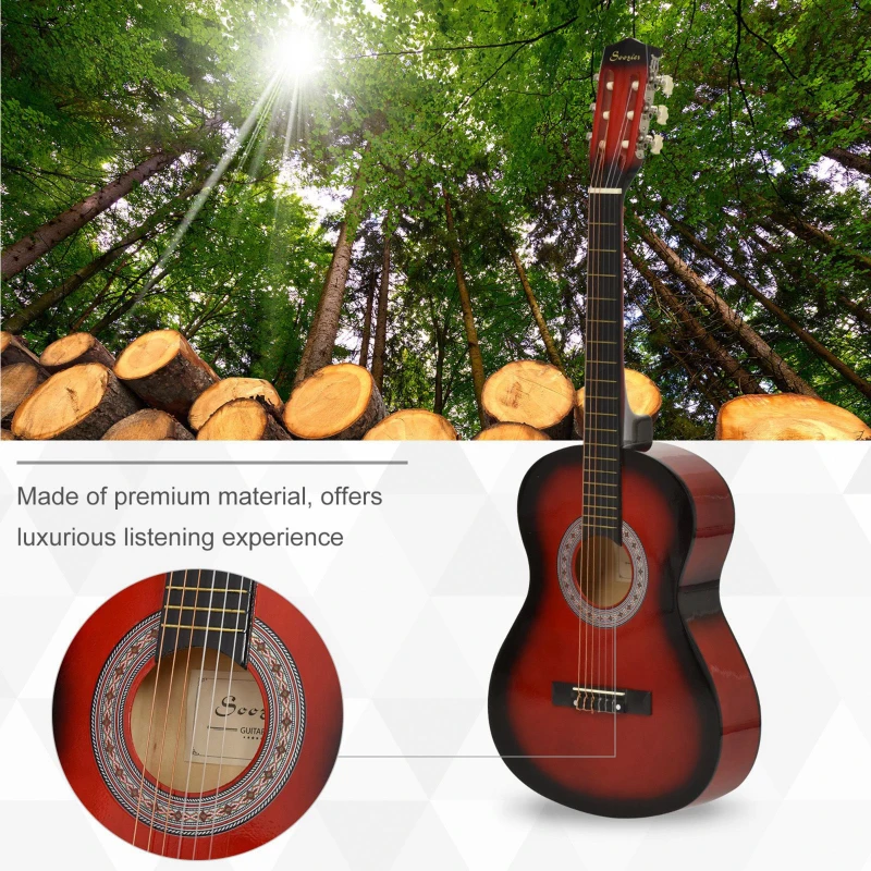 HOMCOM 36" 3/4 Beginner Acoustic Guitar Set, with Protective Case, Red