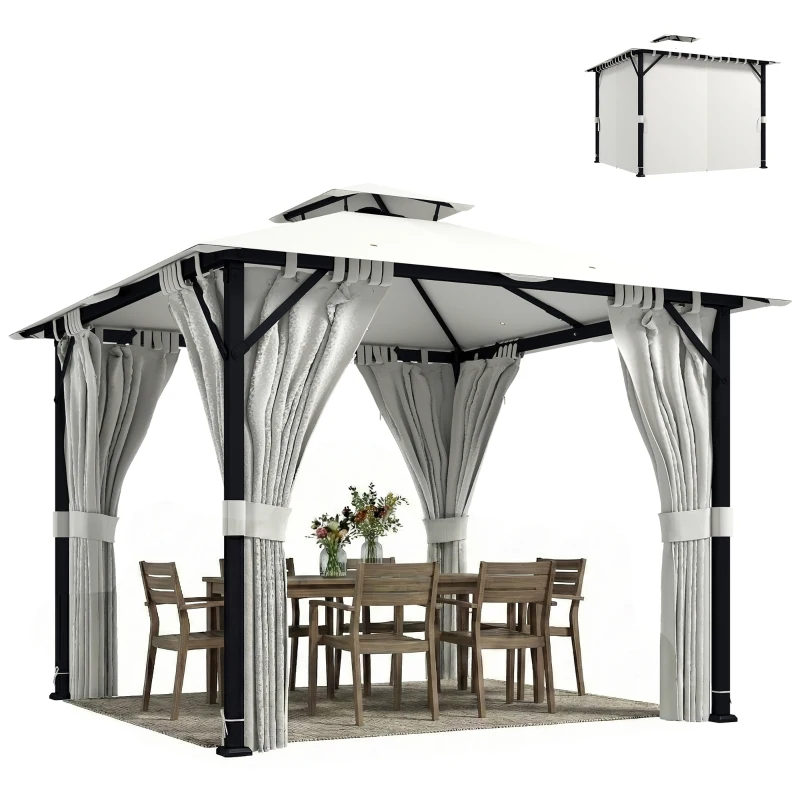 Outsunny Tonnelle de jardin extérieur 3x3m pavillon de jardin, toit double, rideaux, crochets de plafond, cadre en métal, crème