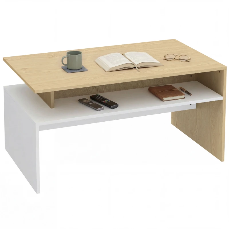 HOMCOM Tavolino da Salotto Bicolore con Mensola Asimmetrica, 95x55x50 cm, Legno Naturale e Bianco