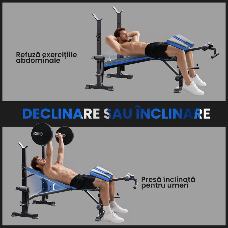 HOMCOM Bancă Multifuncțională Reglabilă cu Suport pentru Bară, Bancă de Greutăți din Oțel și Plastic, 175x139x127 cm, Negru