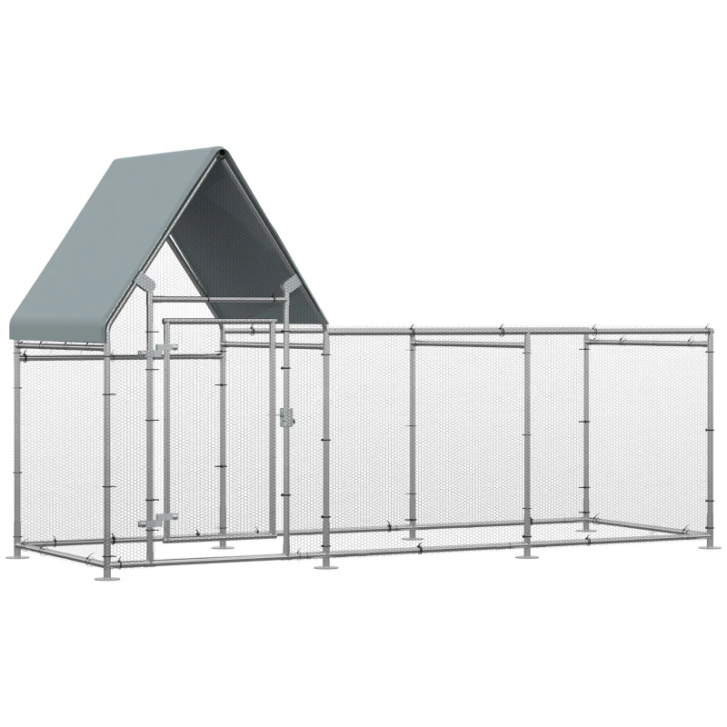 PawHut Walk In Chicken Run, Large Poultry Coop Cage Hen House Rabbit Hutch for 6-8 Chickens Outdoor Galvanized Metal Enclosure w/ Water-Resist Cover