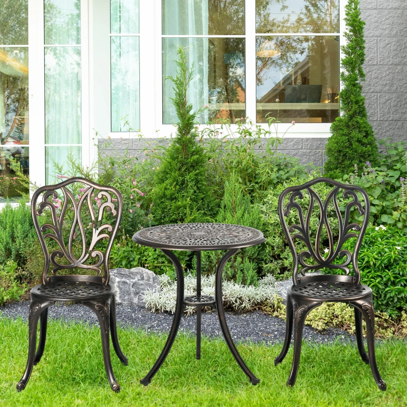 Outsunny Set da Giardino per 2 Persone, 2 Sedie e Tavolo Rotondo in Alluminio Pressofuso dal Fascino Retrò, Bronzo