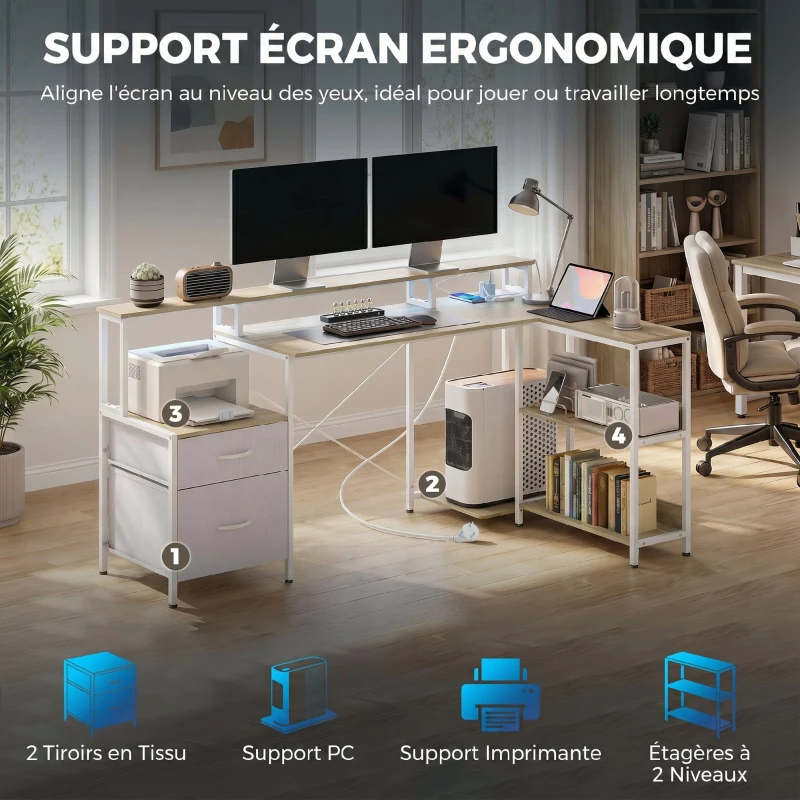 HOMCOM Bureau d'angle avec prises et lumières LED RGB, bureau d'ordinateur, 172 x 100 cm, support d'écran, 2 tiroirs, blanc