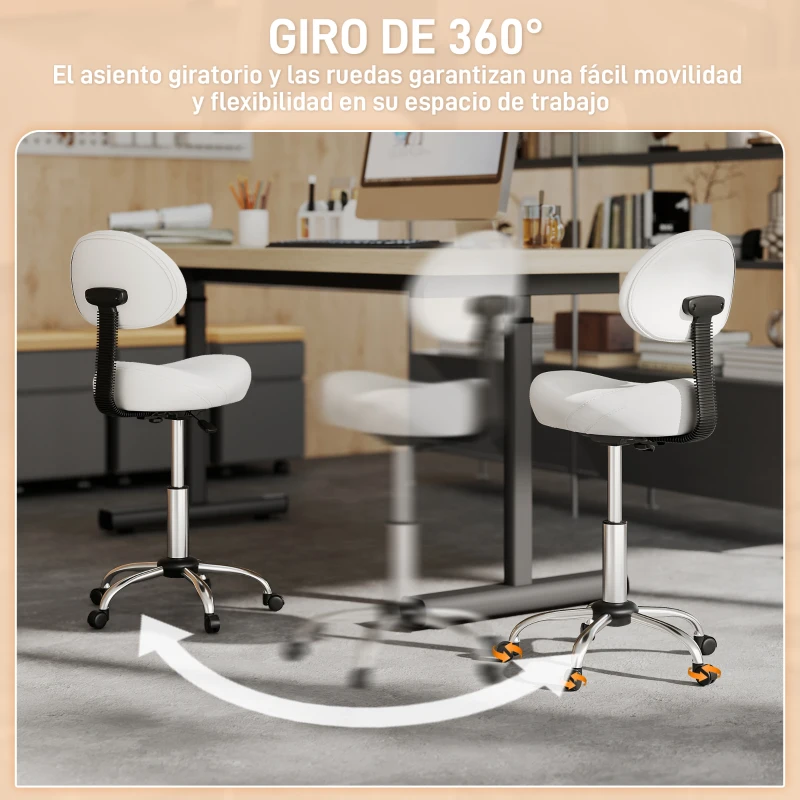 HOMCOM Taburete Giratorio con Respaldo y Ruedas Silla Ajustable para Salones de Belleza Estudio de Tatuajes 50x50x83-98cm Blanco