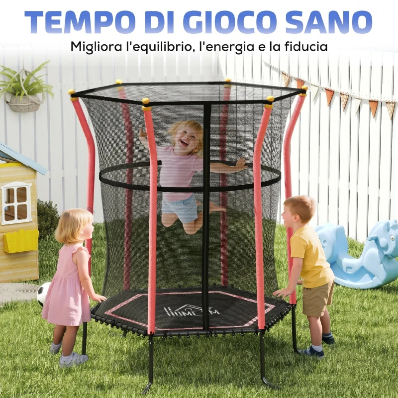 HOMCOM Tappeto Elastico per Bambini con Ingresso a Cerniera e Pali Imbottiti, Ø163.5x190 cm, Rosso