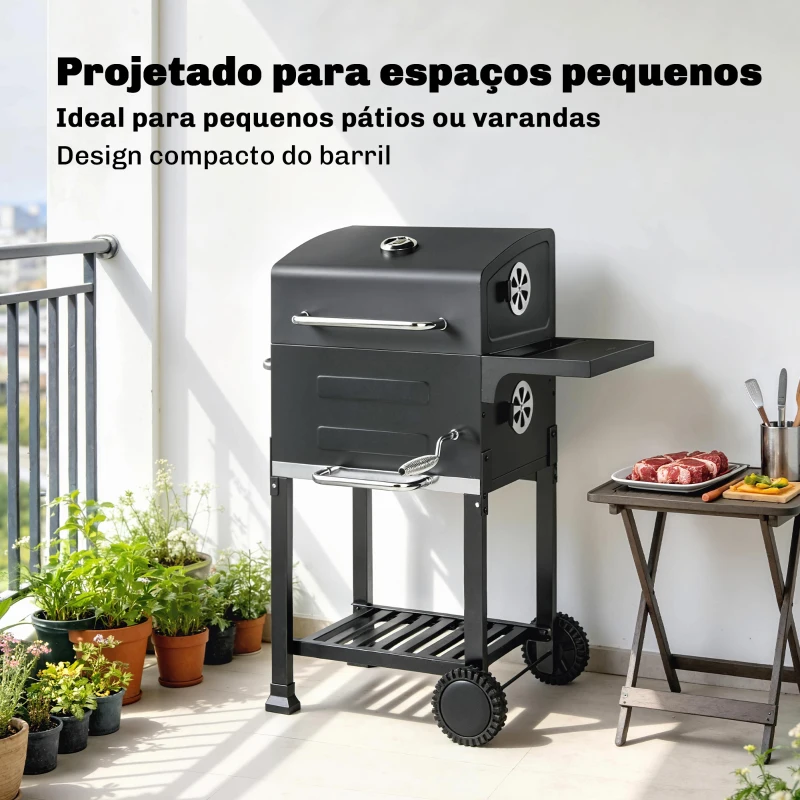 Outsunny Churrasqueira de Carvão Portátil com Grelha em Aço Inoxidável, Prateleira Lateral, Termómetro, Bandeja e Rodas, Preto