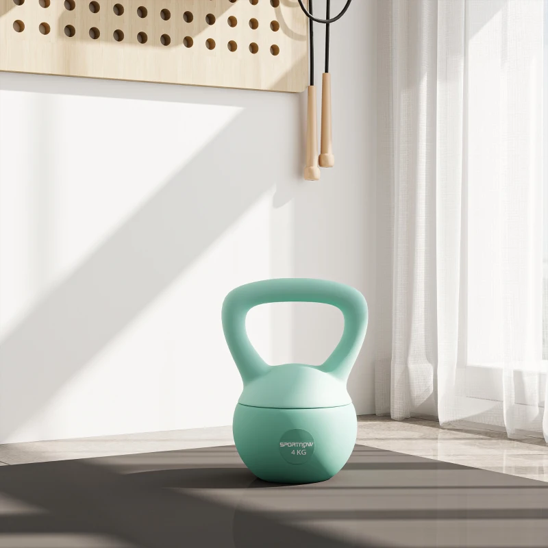 SPORTNOW Pesa Rusa 4 kg Kettlebell Relleno de Arena Metálica y Mango Antideslizante para Entrenamiento en Casa 19x15x25 cm Verde