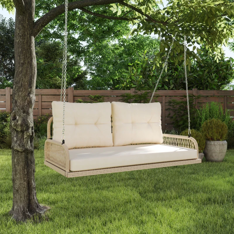 Outsunny Panca Sospesa Esterna a 2 Posti in Resina Intrecciata con Cuscini e Catene in Acciaio, 115x66x44 cm, Beige