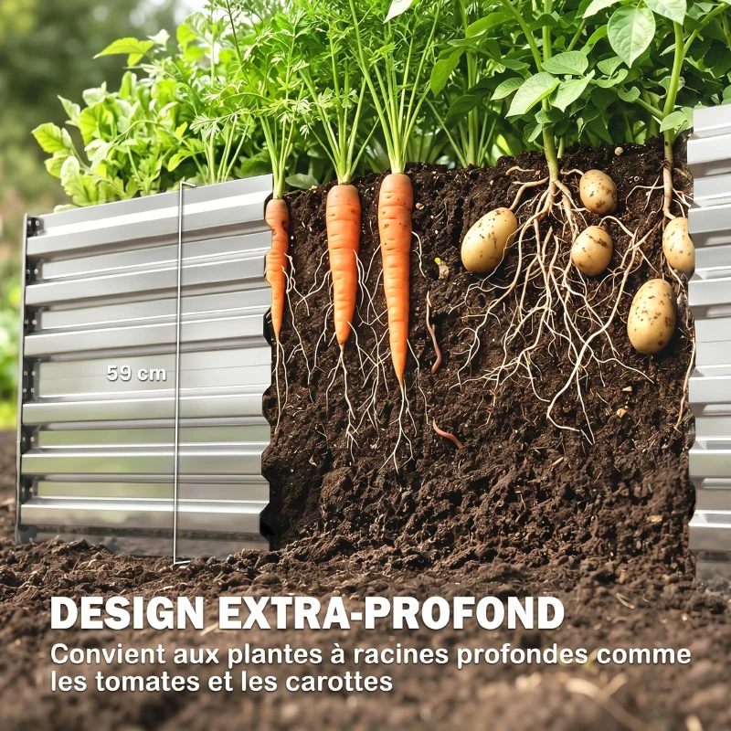 Outsunny Carré potager de jardin rectangulaire tubes de renforcement acier galvanisé 180 x 90 x 59 cm