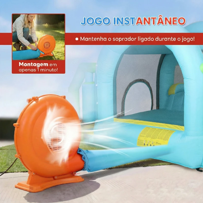 AIYAPLAY Castelo Insuflável Aquático 7 em 1 com Insuflador 450W 2 Escorregas Trampolim Piscina Cesto Coluna de Boxe 426x360x198 cm Multicor