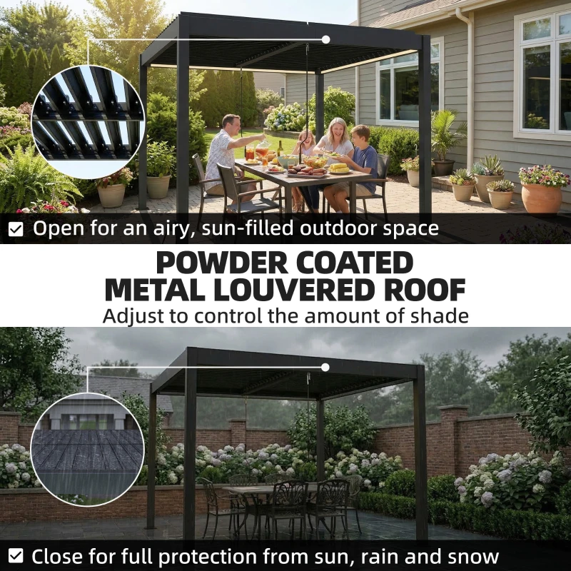 Outsunny 3 x 3 m Louvered Pergola with LED Lights, Metal Louvres, Aluminium Patio Gazebo Pergola, Dark Grey
