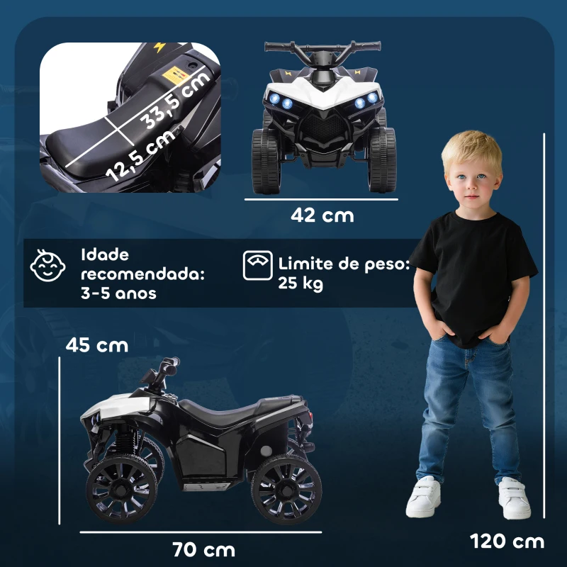 AIYAPLAY Quad Elétrico Infantil 6V Quad para Crianças dos 37 aos 72 Meses Velocidade até 3 km/h Faróis e Música 70x42x45 cm Branco