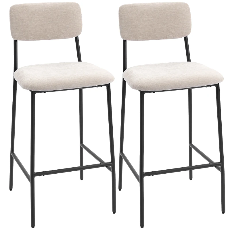 HOMCOM, Set 2 Scaune de Bar cu Spătar Înalt, Suport pentru Picioare, Chenille, oțel, 45.5 x 48 x 101cm, Crem