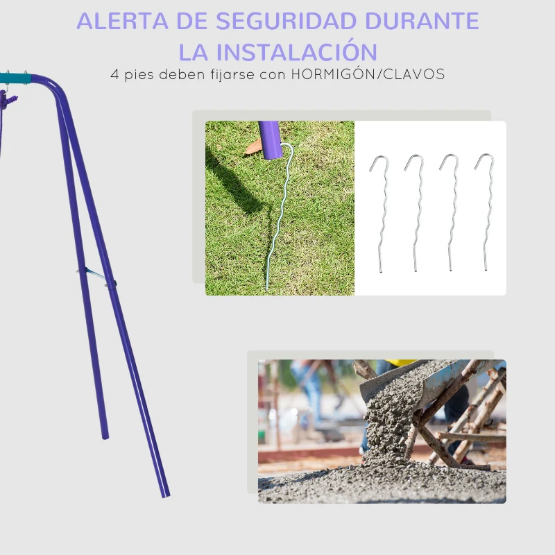 Outsunny Altalena da Giardino con 2 Altalene e Dondolo, Altezza Regolabile in Metallo, 280x140x176 cm, Viola e Blu