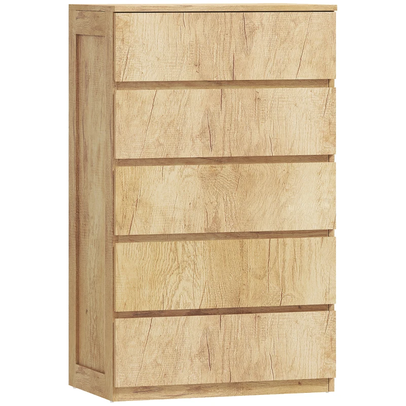 HOMCOM Commode 5 tiroirs meuble de rangement sans poignées design minimaliste 60 x 39 x 100 cm bois naturel