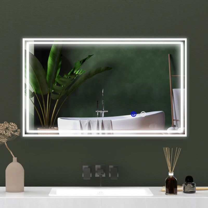 kleankin Specchio da bagno Rettangolare da Parete Illuminato a LED Orizzontale o Verticale, 100x60x4 cm, Trasparente