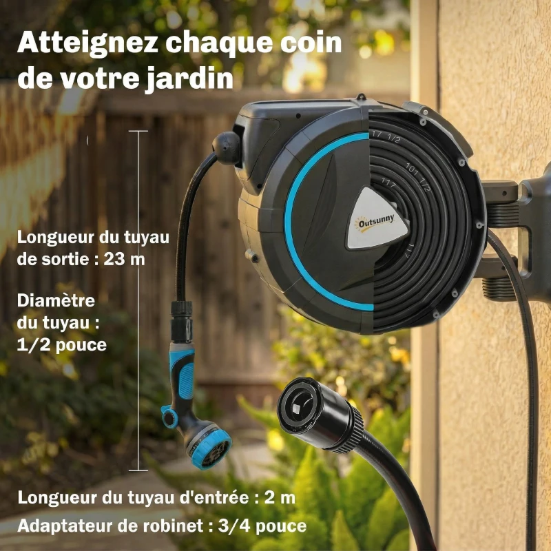 Outsunny Enrouleur Tuyau Arrosage Mural Automatique 23+2m Dévidoir Automatique Pistolet d'Arrosage 10+2 Modes 55x31x50cm Bleu