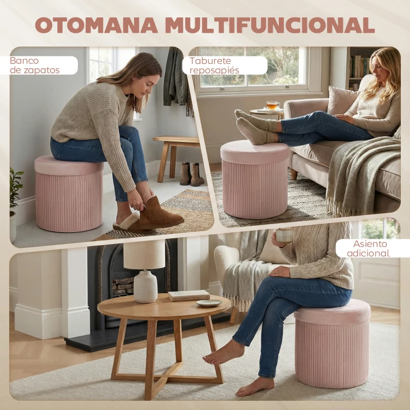 HOMCOM Puff Almacenaje Banco Almacenaje Plegable 35 L 38x38x38 cm Tapizado en Terciopelo Baúl de Almacenamiento Redondo Rosa