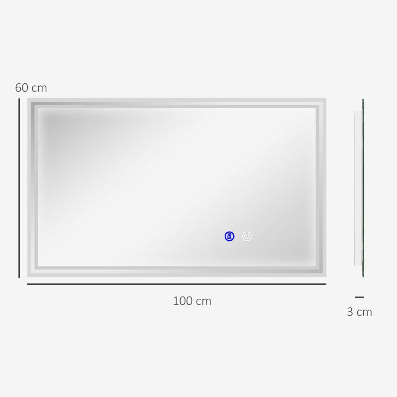 kleankin Specchio da bagno Rettangolare da Parete Illuminato a LED Orizzontale o Verticale, 100x60x4 cm, Trasparente