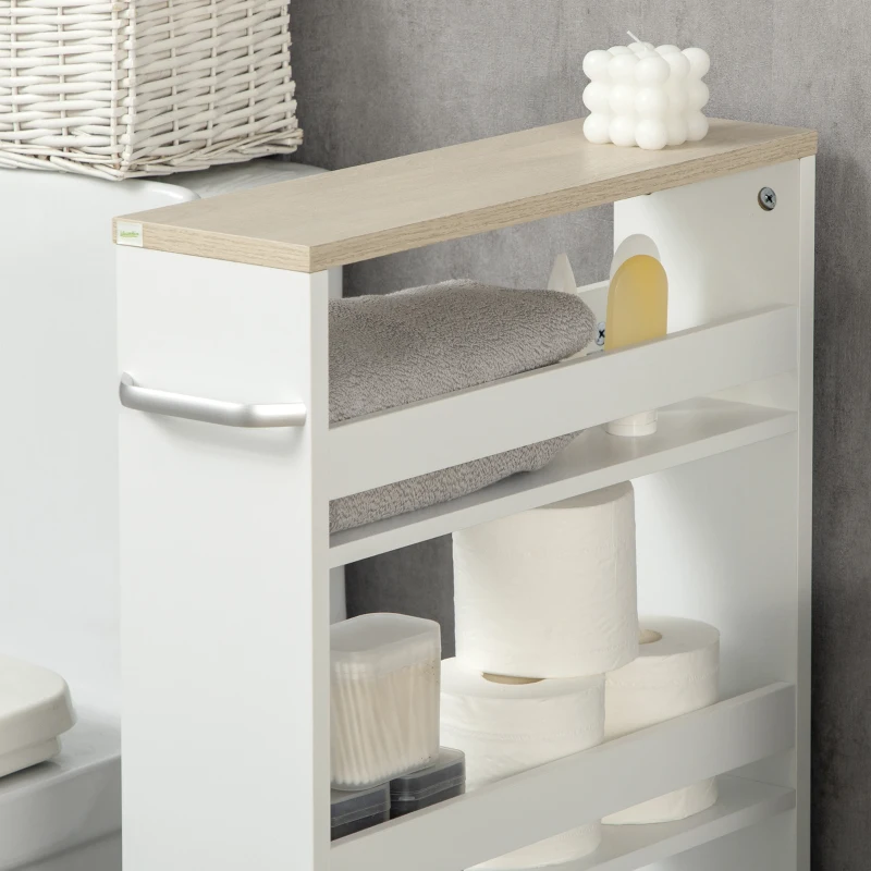 kleankin Armario Auxiliar de Baño Carrito con 3 Estantes y Ruedas para Espacios Estrechos 50x13x67,5 cm Blanco