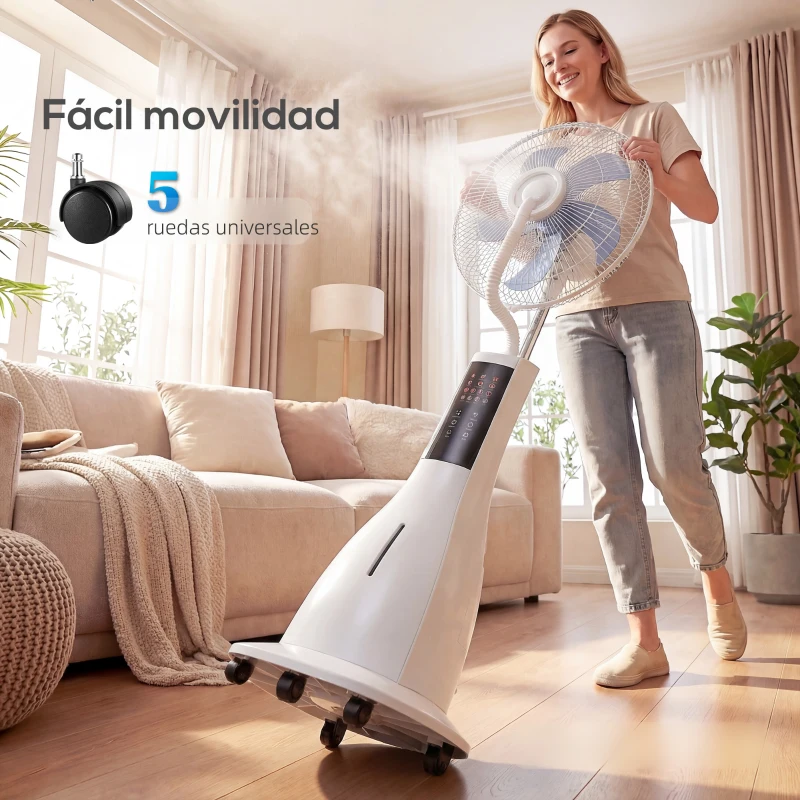 HOMCOM Ventilador Nebulizador 90W Oscilación de 75° 3 Velocidades 5 Aspas Depósito de Agua de 3L 5 Ruedas Control Remoto