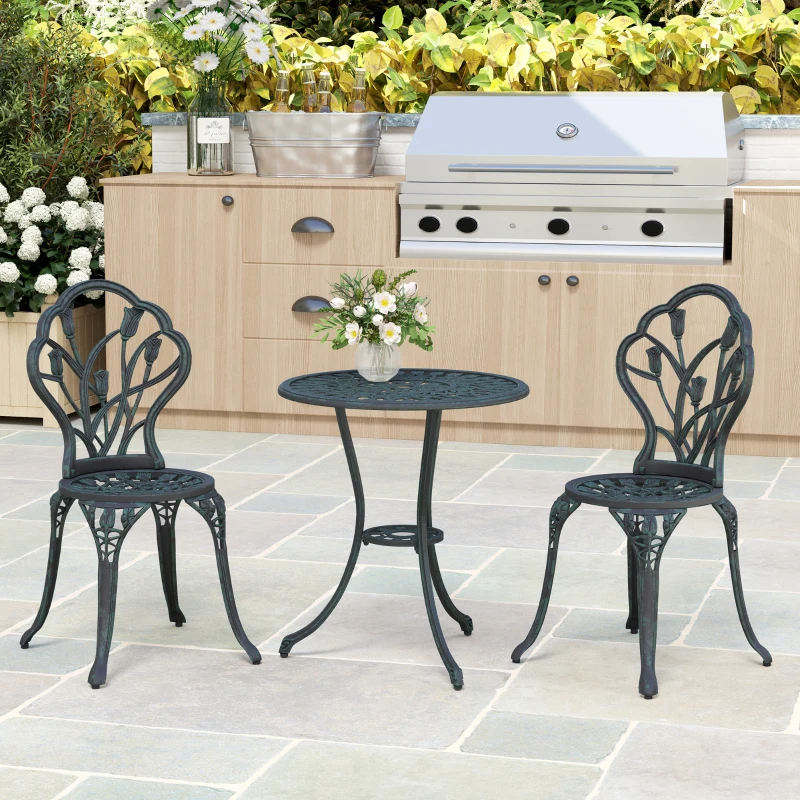Outsunny Set Salotto da Giardino 2 Posti, 2 Sedie e Tavolo Rotondo in Alluminio Pressofuso, Effetto Ferro Battuto, Verde