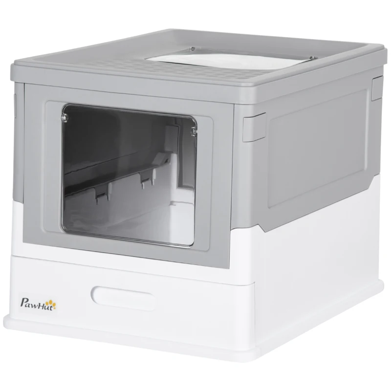 PawHut Hooded Cat Litter Box, Portable Pet Toilet, with Scoop, Front Entry - Grey