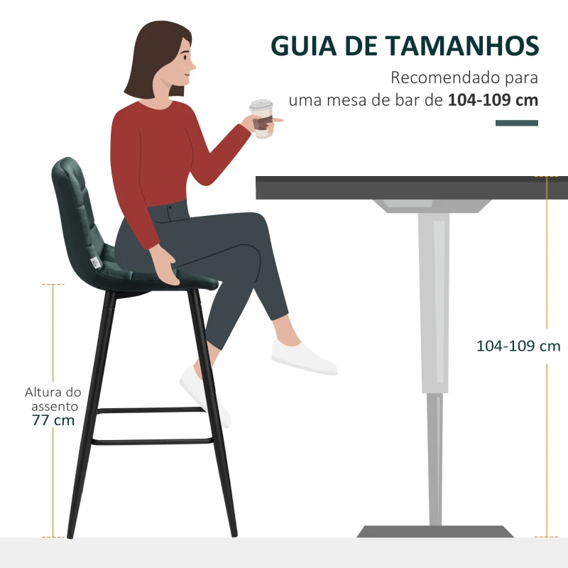 HOMCOM Conjunto de 2 Bancos Altos de Cozinha Bancos de Bar Estofados em Veludo com Apoio para os Pés e Encosto Verde