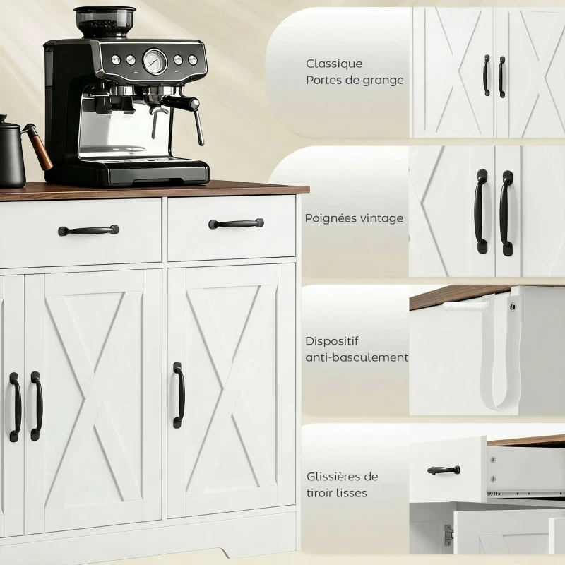 HOMCOM Buffet cuisine, meuble de rangement avec 3 portes de grange, 2 tiroirs et étagères réglables, 108 x 40 x 81 cm, blanc