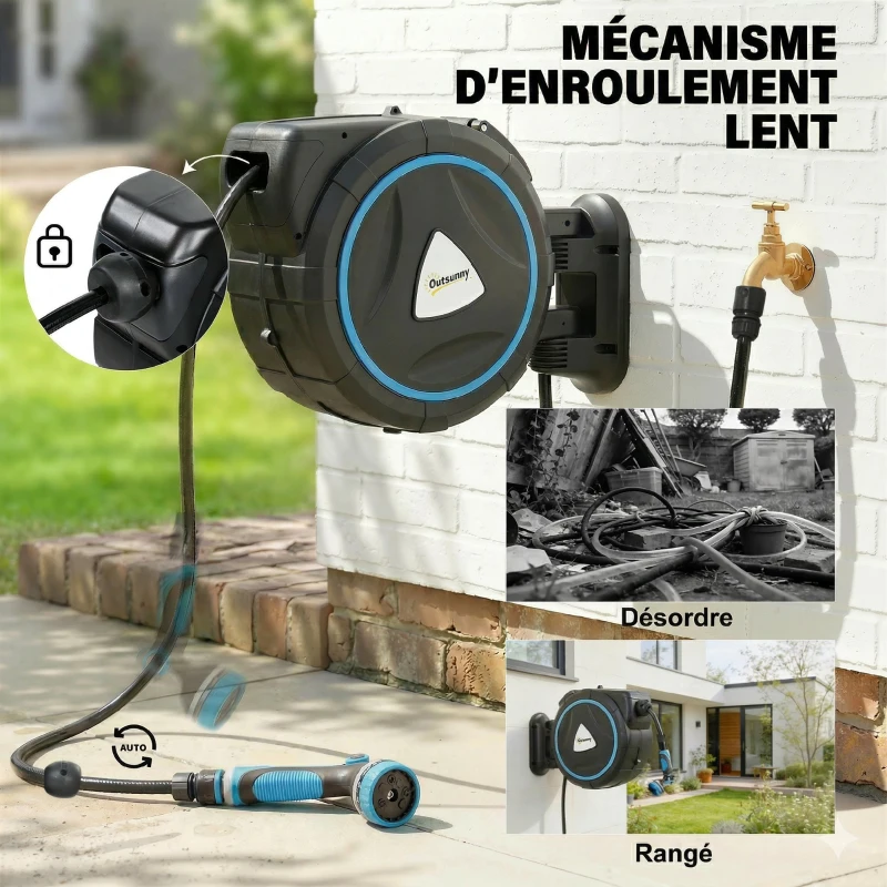 Outsunny Enrouleur Tuyau Arrosage Mural Automatique 23+2m Dévidoir Automatique Pistolet d'Arrosage 10+2 Modes 55x31x50cm Bleu