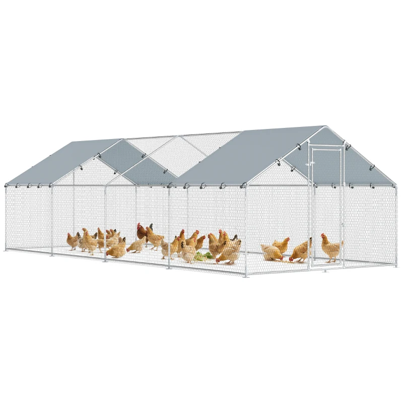 PawHut Galinheiro para Exterior Grande em Aço Galvanizado 6,8x3x1,9 m 20,4 m² com Cobertura em Tecido Oxford e Fecho Prata