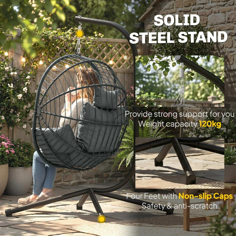 Outsunny Outdoor Hängesessel Hängesessel, inkl. Polster, Egg-Chair, 120 cm x 106 cm x 188 cm,  Grau