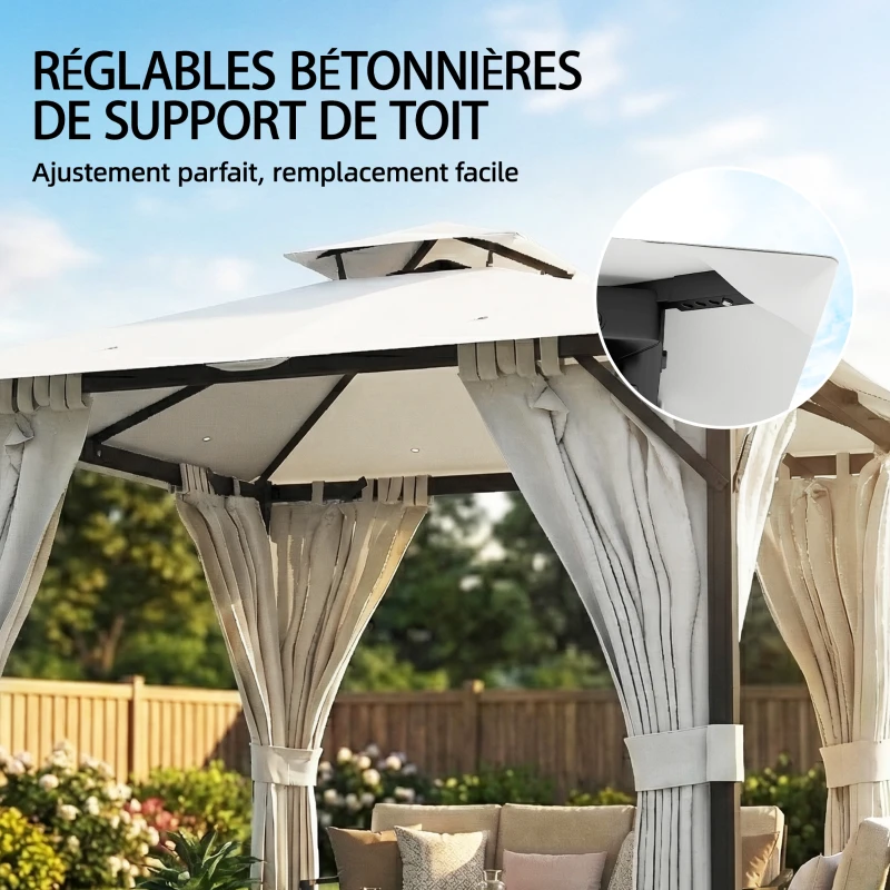 Outsunny Tonnelle de jardin extérieur 3x3m pavillon de jardin, toit double, rideaux, crochets de plafond, cadre en métal, crème