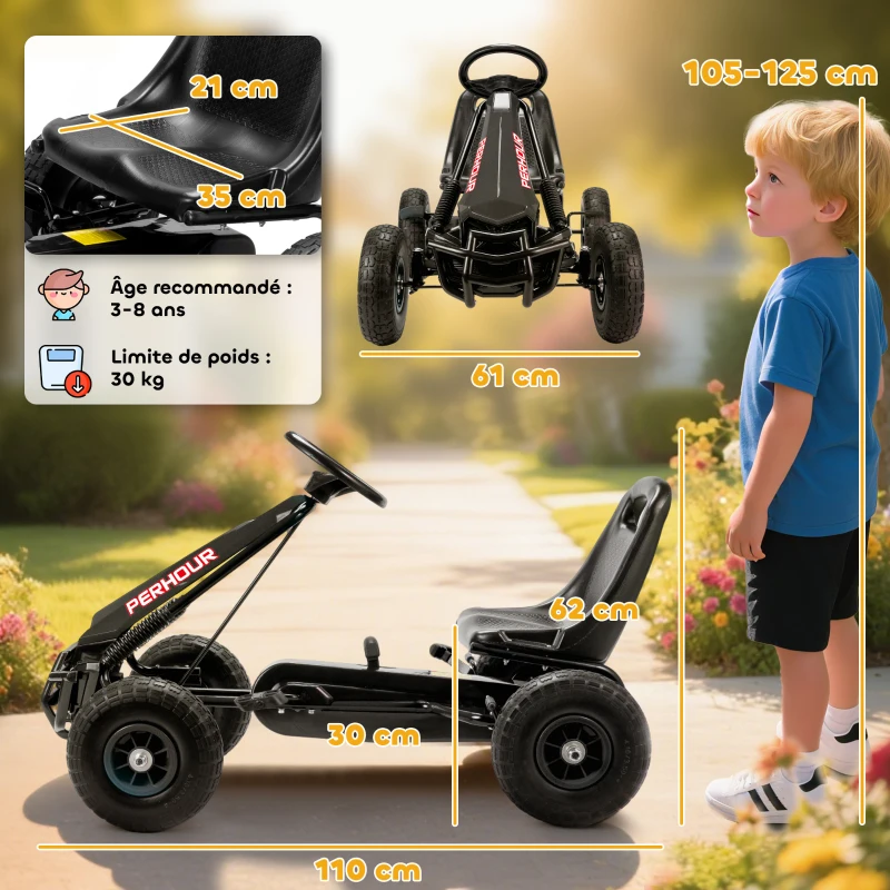 AIYAPLAY Kart à pédales Go-Kart pour enfants siège réglable pneus EVA embrayage manuel et frein 110 x 61 x 62 cm noir