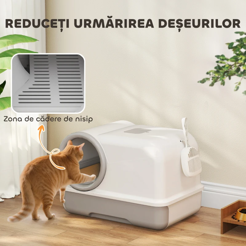 PawHut Litiere pentru pisici, toaletă cu capac și tavă, alb și gri