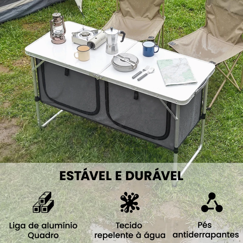 Outsunny Mesa de Campismo Dobrável com Armário de Tecido Oxford Estrutura de Alumínio 120x47x70 cm Prata